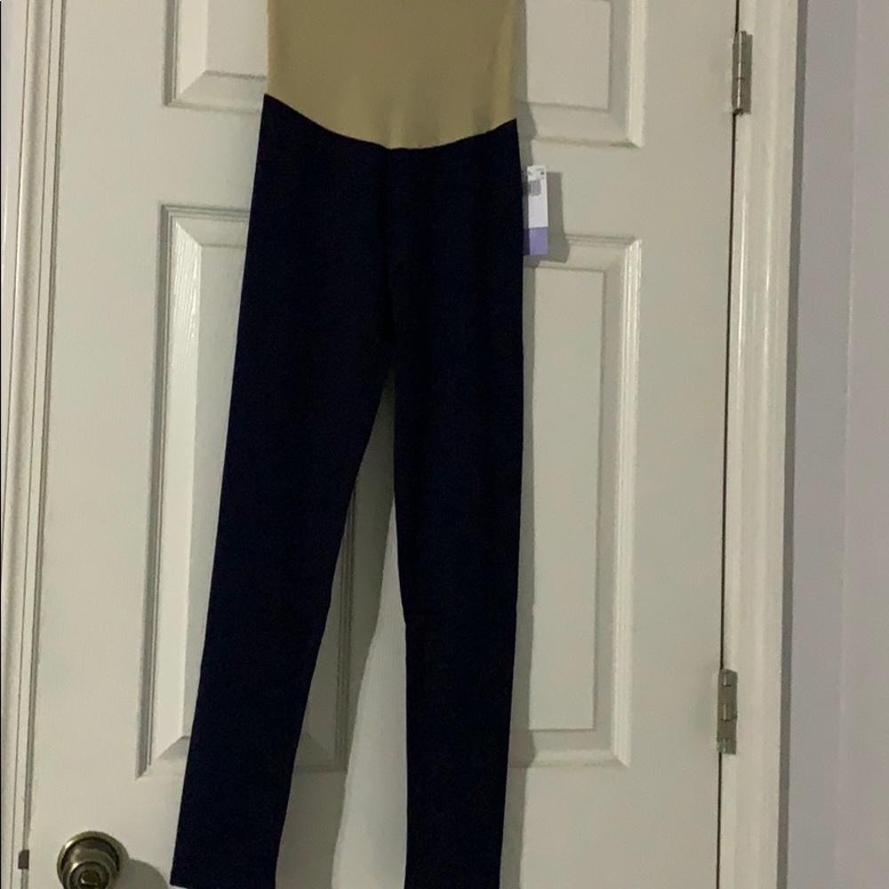 Navy blue maternity leggings with nude tone waist